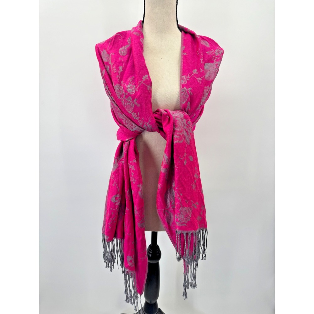 Pashmina Silk Fuschia Hot Pink Gray Floral Scarf Wrap Shawl 72x27 Vibrant Fringe